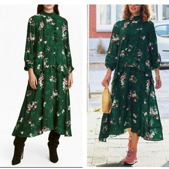 H&M Green Floral Ruffle Midi Dress Ltd Edition Cottagecore Boho Sz 4 - Picture 1 of 11